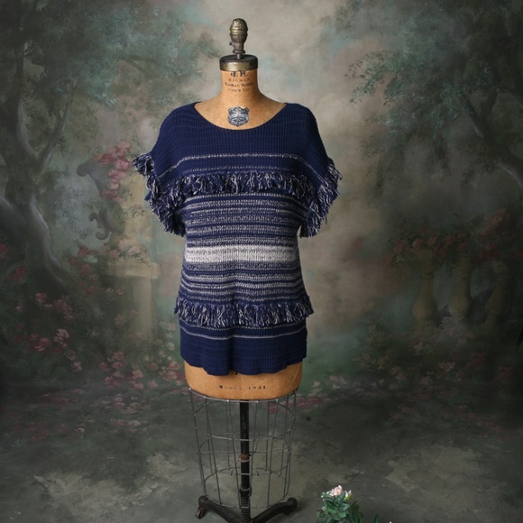 Dana Buchman Banded Short Sleeve Sweater Fringe LG - Picture 5 of 6